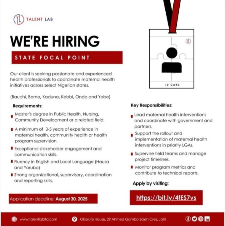 Hiring: State Focal Point at a Nonprofit Organization (6 States). 1 IMG 20250830 080352 Hiring: State Focal Point at a Nonprofit Organization (6 States).