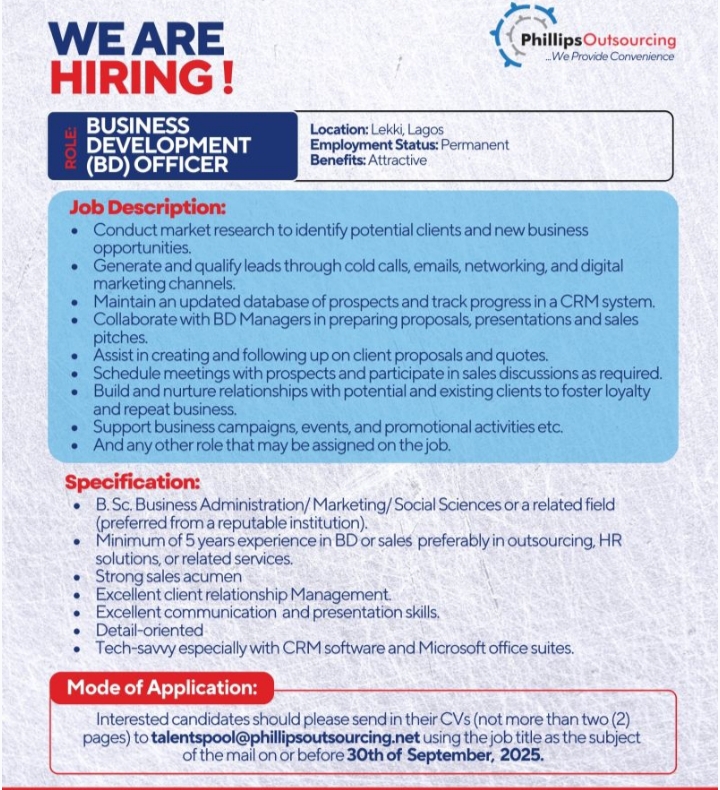 Vacancy: Business Development (BD) Officer at Phillips Consulting. 1 IMG 20250918 202543 Vacancy: Business Development (BD) Officer at Phillips Consulting.