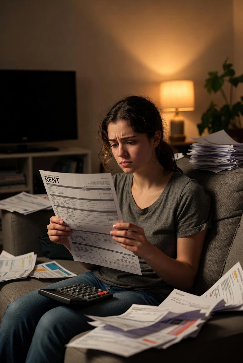 Struggling with High Rent in 2026? 12 Smart Ways to Lower Your Monthly Payment Without Moving | Travla.xyz | Travla.xyz renter calculating monthly savings from lower rent strategies in 2026 budget planning